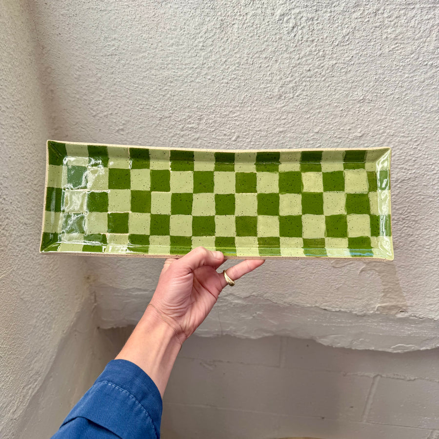 Green Check Ceramic Tray - Extra Long