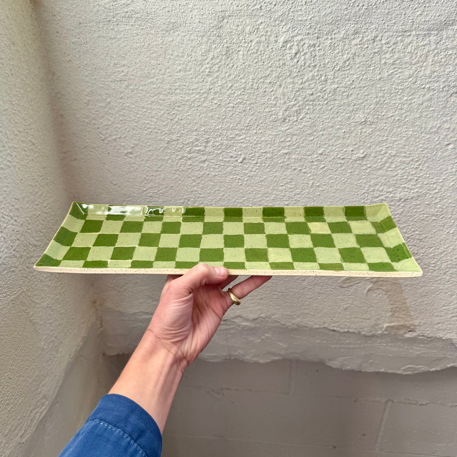 Green Check Ceramic Tray - Extra Long